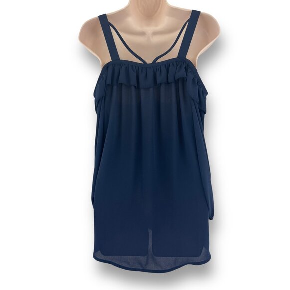 Size Small NAVY BLUE COLD SHOULDER CHIFFON BLOUSE Fall Boho Peasant Bohemian‎ - Picture 3 of 7